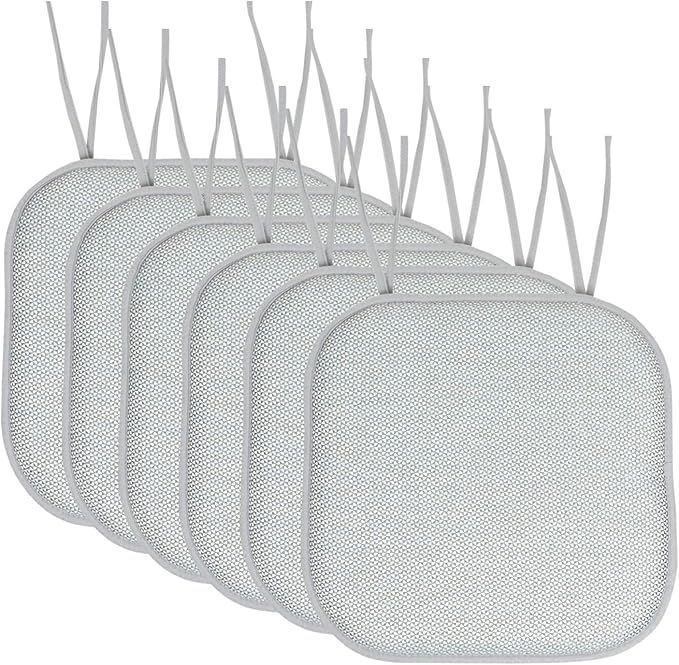 Sweet Home Collection Chair Cushion Memory Foam Pads with Ties Honeycomb Pattern Slip Non Skid Rubber Back Rounded Square 16" x 16" Seat Cover, 6 Pack, Cameron White Sage Blue