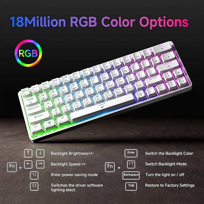 TMKB T63 Gaming Keyboard, 60% Wireless Mechanical Keyboard with Bluetooth/2.4G/Type-C, Compact 63 Keys Anti-Ghosting, RGB Backlight, Clicky Blue Switch - White