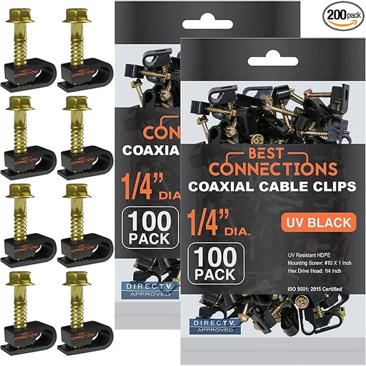 Coaxial Cable Clips with Pre-Inserted Screw (200 Pack) – Black Single Cable Mounting Clamps for Coax Cable (RG6, RG59) and Ethernet Cable – Cord Fastener/Strain Relief Clip