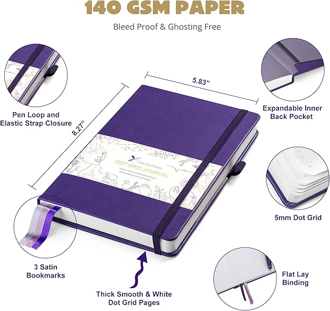 A5 Bullet Dotted Journal Notebook, 160gsm Bleed-Proof Thick Paper, 200 Numbered Dot Grid Pages, 5.8 x 8.3 Inch (Purple)