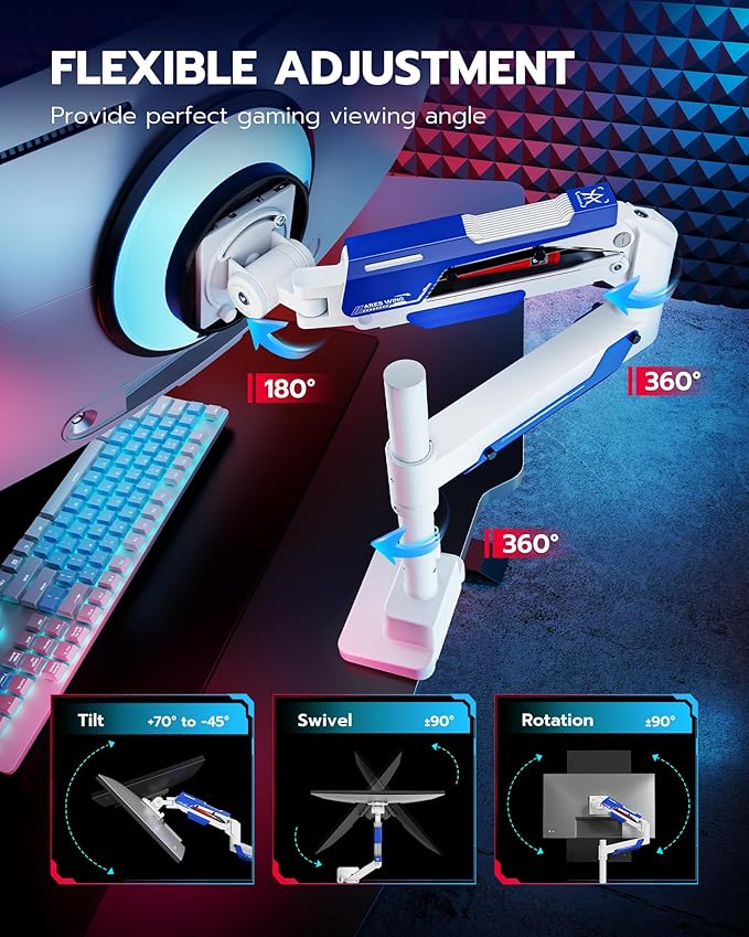 ARES WING Single Monitor Mount, Ultrawide Monitor Arm for 24 to 57 Inch Heavy Duty Curved Screen, Adjustable Gas Spring Monitors Arm Stand up to 66LBS with 75/100/200 Vesa Mount, White