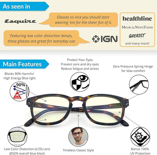 J+S Vision Blue Light Blocking Glasses for Men Women | Computer Gaming Work| Anti Strain Fatigue UV Glare | Medium-Small Fit
