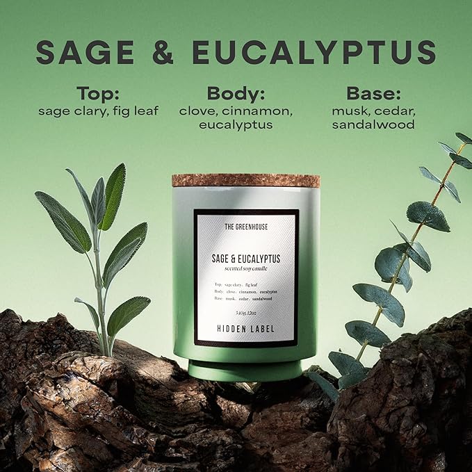Hidden Label Eucalyptus&Sage Soy Candle, 12oz/75-Hours Burn Time, 100% Natural Candles Non Toxic, Aromatherapy Candle for Stress Relief, Meditation, Yoga & Relaxation