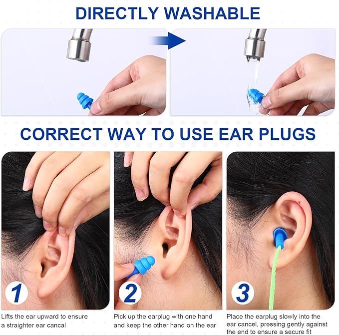 Tondiamo 200 Pairs Ear Plugs Reusable Silicone Earplugs with Cord Sleeping Individually Wrapped Hearing Protection Noise Cancelling Earplugs for Work Construction Shooting Sports(Blue, Green)