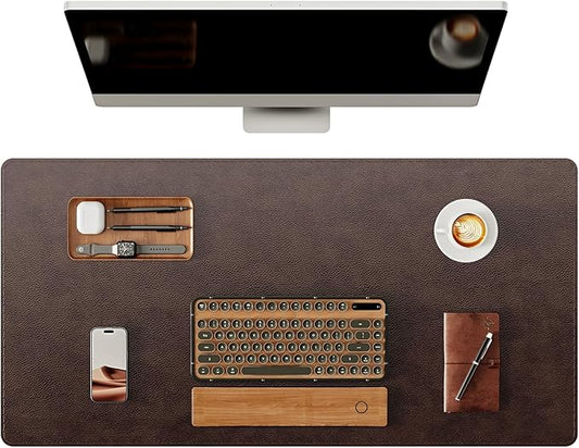 YSAGi Genuine Leather Desk Mat, 35.4"X17" Office Desk Pad, Thick Premium Table Pad with Stitched Line, Non-Slip Laptop Writing Pad with Rubber Base (Dark Brown, 35.4"x17")
