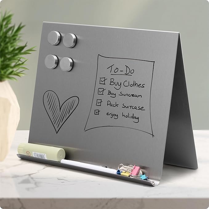 Large Magnetic Bulletin Board – Dry Erase Memo Board with Stand – Tabletop Metal Easel for Magnet Display – 12x10 Inches + 4 Magnets
