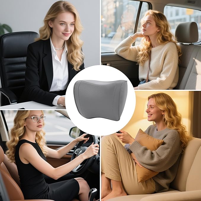 Car Headrest Pillow 100% Memory Foam, Breathable Removable Leather Cover, Premium Seat Support Head Neck Cushion for Driving Travel Home Office, Gray, 1 Pack
