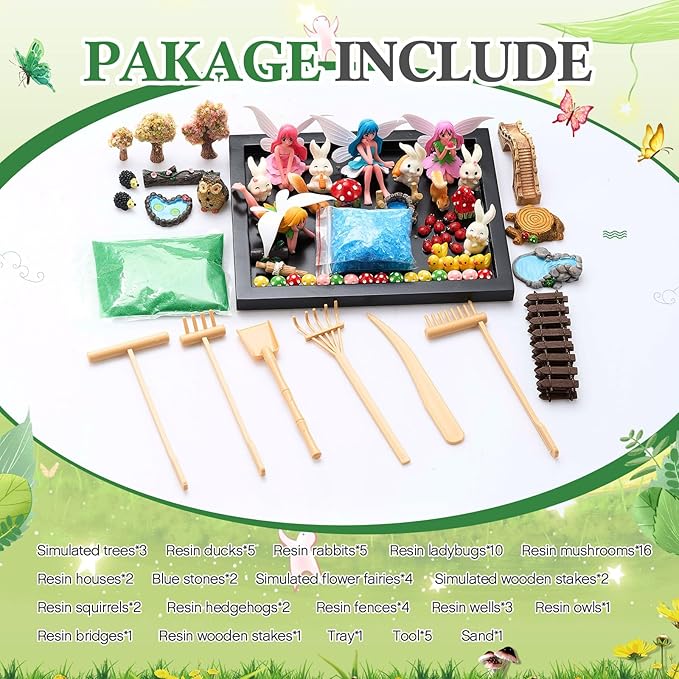 Soulchen Zen Garden Kit for Desk Decor Zen Sand Garden Box Set with Black Wooden Tray, Blue Sand, Tools & Accessories Japanese Gifts for Desktop Meditation Room Office Home (Fairy Style)