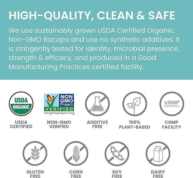 Himalaya Organic Bacopa - Bacopa Monnieri Herbal Brain Supplements for Memory and Focus Support - USDA Organic, Vegan, Non-GMO, Gluten Free, 750 mg, 30 Caplets