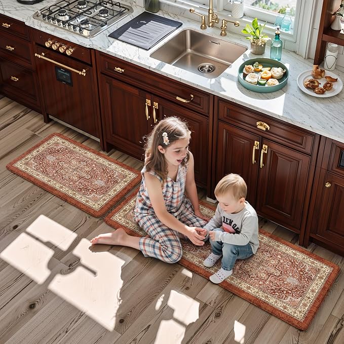KIMODE Anti Fatigue Fall Kitchen Mats, Boho Distressed Kitchen Floor Mats 17"x47"+17"x29", Non Slip Waterproof Kitchen Rugs, Padded Comfort Standing Mats for Laundry, Office, Sink, Desk Orange Multi