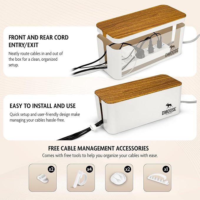 DMoose Cable Management Box - 2 Pack Medium & Large Cord Organizer for Desk & Floor, Cable Organizer Box for Child & Pet - Cable Box Hider for Tidy Office & Home (Wood Print Lid, White Box, Pack of 2)