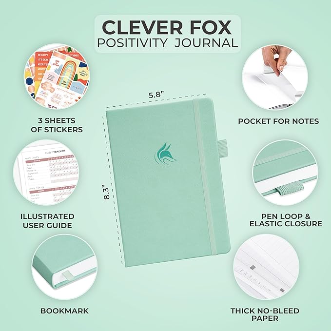 Clever Fox Positivity Journal – Daily Gratitude & Affirmation Journal with Prompts – Motivational Mental Health Journal for Women & Men with Habit Tracker – Lasts 6 Months, A5 Size (Mint)