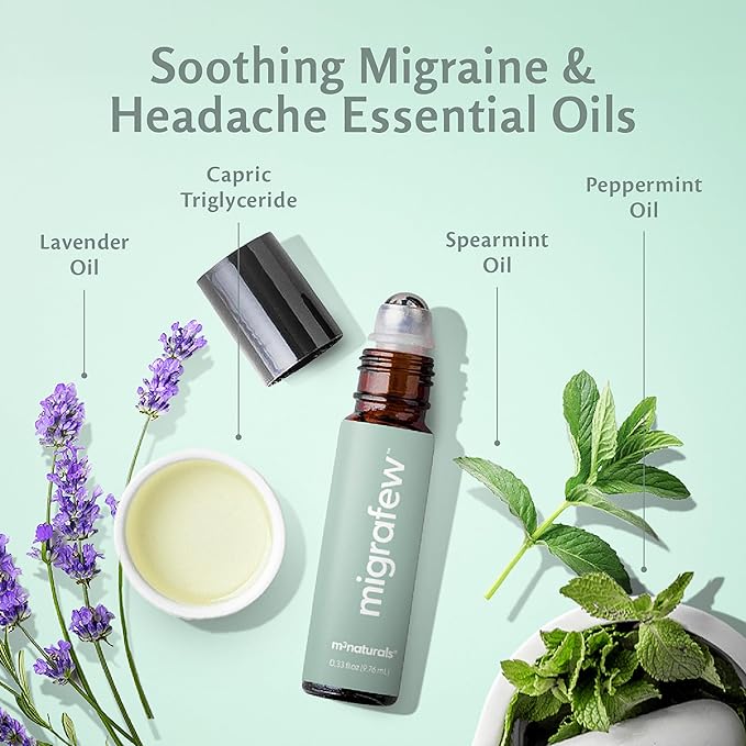MigraFew Aromatherapy Migraine Roll On | Compact Headache Relief with Cooling Metal Roller for Head Tension and Pressure, Made with Peppermint, Spearmint and Lavender Essential Oils (0.33 FL oz) by M3