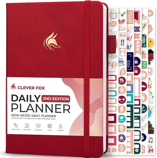 Clever Fox Daily Planner 2nd Edition – Undated Time Block Task Organizer with Hourly Schedule & To-do list – A5, 6 Months (Red)