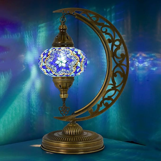 mozaist Moroccan Mosaic Crescent Shape Table Lamp, Turkish Moon Tiffany Style Handmade Desk Dim Light, Farmhouse Living Room Luna Lighting, Unique Turkish Gift with E12 Socket & US Plug (Sea Blue)