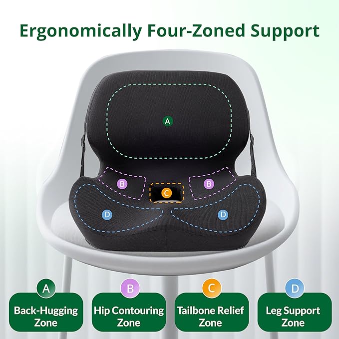 Memory Foam L-Shaped Seat Cushion with Lumbar Support & Adjustable Strap - Tailbone Pain Relief for Office Chair, Car, Home - Non-Slip Bottom, Breathable Mesh Cover (Black)