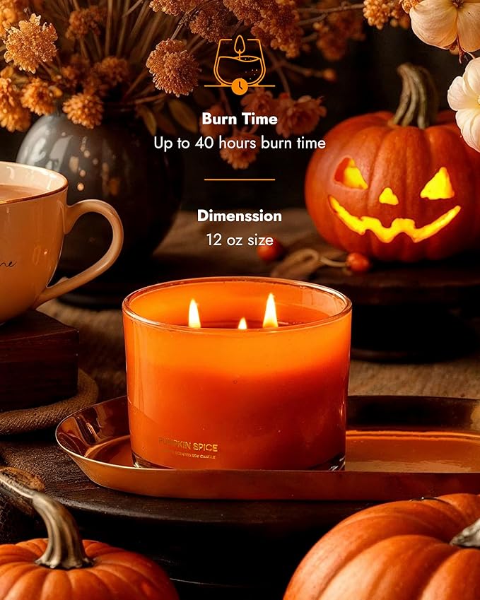 96NORTH Luxury Pumpkin Soy Candle | Large 3 Wick Jar Candle | Halloween & Fall Decor | Up to 40 Hours Burning | 100% Natural Soy Wax | Relaxing Aromatherapy Candle | Halloween Fall Candle Gift
