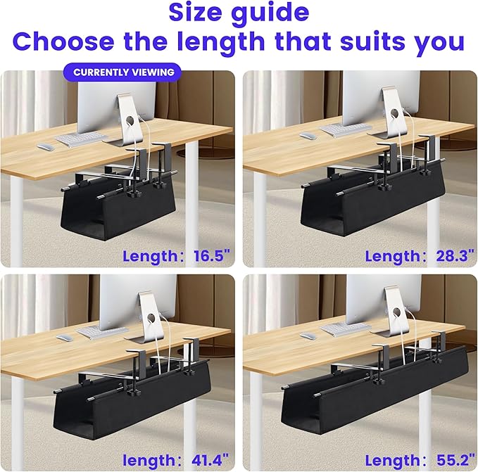 Under Desk Cable Management Tray, Clamp-On Cord Organizer，No Drilling Required, Holds Up to 22 lbs, for Cords, Routers, Power Strips (Black, 28.4inch)