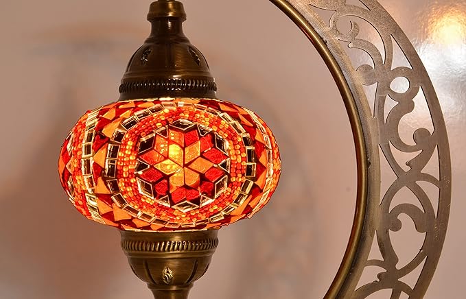 mozaist Turkish Mosaic Crescent Shape Table Lamp, Moroccan Moon Boho Handmade Desk Light, Farmhouse Rustic Living Room Decorative Lighting, Bedside Nightstand with E12 Socket & US Plug (Orange & Red)