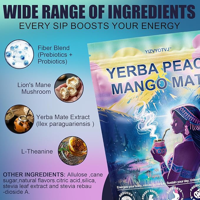 40 Servings (400g) Yerba Mate Instant Tea Powder, 3-in-1 Peach Mango Flavored Low Sugar Super Drink to Support Energy & Focus with Prebiotics and Probiotics