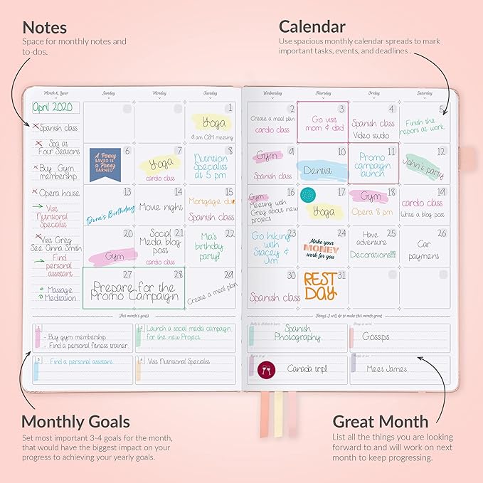 GoGirl Planner PRO - Undated Horizontal Layout Weekly Planner and Organizer + Budgeting and Expense Tracking Pages, Goals Journal & Agenda, 7" x 10" Hardcover, Lasts 1 Year - Peach Pink
