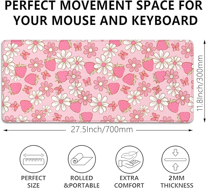 Strawberries and Flowers Extended Desk Pad Mouse Pad,Large Gaming Butterfly Floral Mouse Mat with Stitched Edges,Non-Slip Rubber Base Mousepad for Office PC Keyboard Laptop Home
