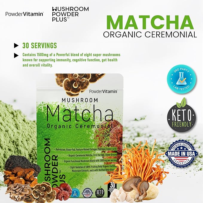 Organic Ceremonial Mushroom Matcha Certified Pesticide-Free Grass-Fed Collagen Types I & III 8 Fruiting Body Mushrooms Tested for Beta-Glucans Focus Digestion & Immunity 30 Servings
