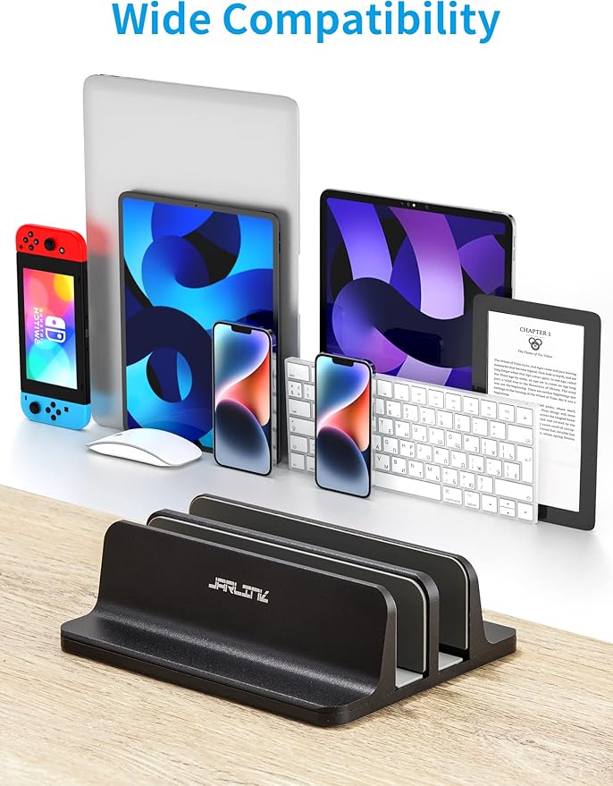 JARLINK Vertical Laptop Stand Holder, Aluminum Double Desktop Stand Holder with Adjustable Dock (Up to 17.3 inch), Compatible with MacBook, Surface, Chromebook, and Gaming Laptops, Black