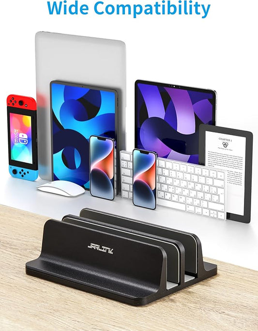 JARLINK Vertical Laptop Stand Holder, Aluminum Double Desktop Stand Holder with Adjustable Dock (Up to 17.3 inch), Compatible with MacBook, Surface, Chromebook, and Gaming Laptops, Black