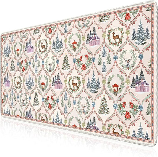 iCasso Christmas Desk Mat, Beige Mouse Pad, Desk Protector Mat, Extra Large Office Matt for Desktop,Anti-Slip XXL Big Mousepad with Stitched Edges for Computer Keyboard