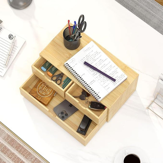 Bamboo Desk Organizer with Drawers - Small Desktop Countertop Mini Tabletop Storage Container - No Assembly Required