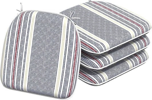 Indoor/Outdoor Chair Cushions 16x17 Inch, Patio Chair Cushions with Ties, All Weather Seat Cushions for Patio Furniture Home Garden Chair Use, Set of 4, Stripe Denim Blue