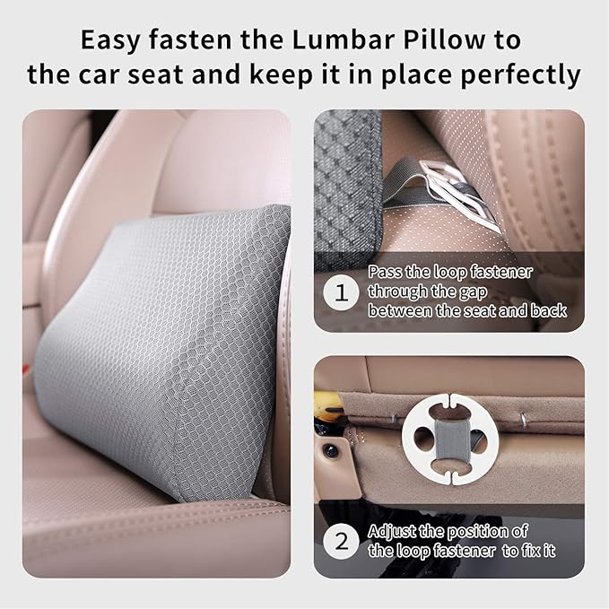 Memory Foam Lumbar Support Pillow for Car - Lower Back Support Cushion for Driving, Back Pain Relief for Car Seat, Office Chair, Wheelchair (Gray)