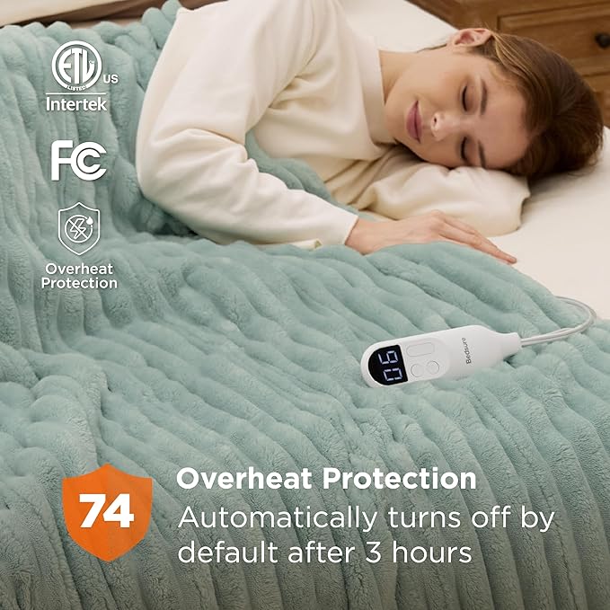 Bedsure Electric Blanket Full Size - Thick Striped Flannel Heated Blanket with 6 Heat Settings, 10 Time Settings, 8-Hour Timer Auto Shut Off, Gifts for Grandma (72x84 inches, Green)