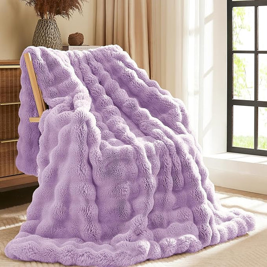 L'AGRATY Faux Fur Throw Blanket: 50" x 60" Luxury Soft Fluffy Rabbit Fur Blankets Twin for Couch Bed Sofa - Cozy Plush Bubble Blankets for Winter: Flannel Fleece Decorative Blanket(Purple)