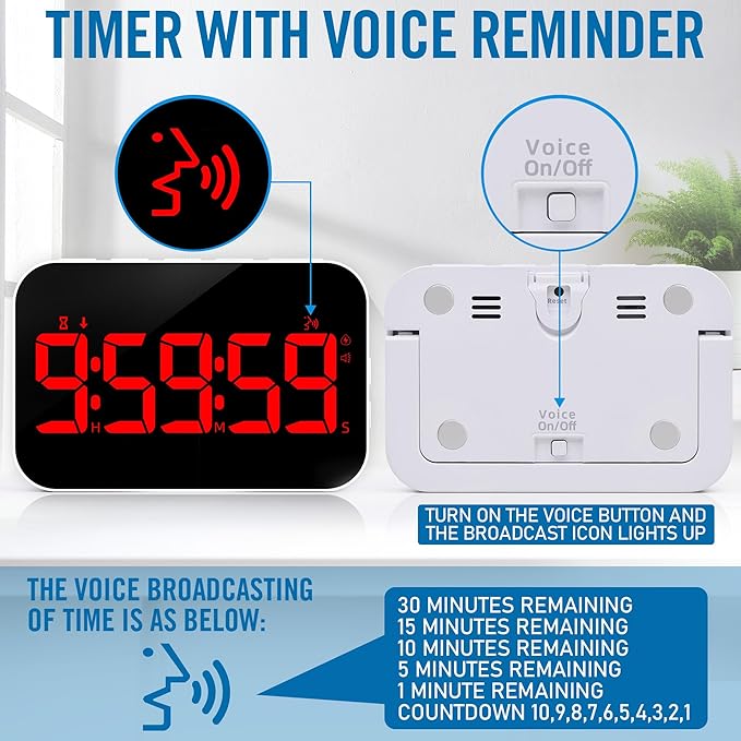 LED Timer （1.5" Number） with Voice Reminder, Digital Magnetic Timer, Countdown/Up, Rechargeabilit, Brightness Display, 3 Volume Levels and Vibration Mode, for Classroom, Study (red)