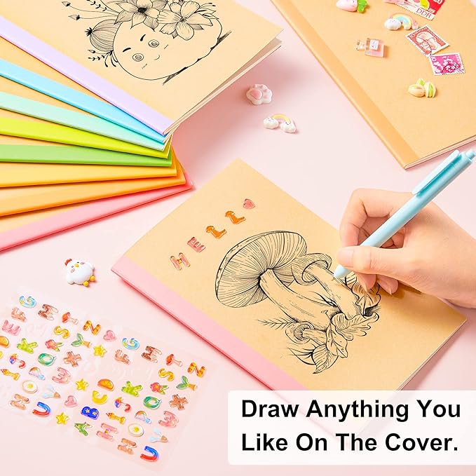 feela 16 Pack Composition Notebook Bulk, Kraft Cover Lined Blank College Ruled Travel Journals with Pastel Color Spine For Women Students Office, 60 Pages, 8.3”x 5.5”, A5, 8 Pastel Colors