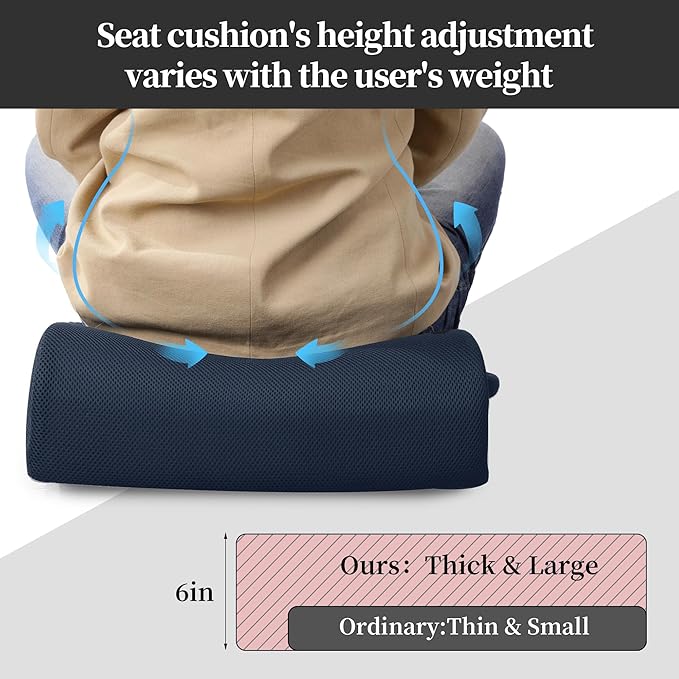 MABOZOO Extra Thick Chair Cushions, Office Chair Booster Seat Cushion to Raise Seat Height for Pain Relief,18 x 16 x 6 inch Non Slip Memory Foam Thick Cushion with Carry Handle（Navy Blue）