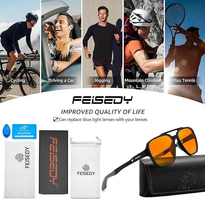FEISEDY Orange Blue Light Blocking Glasses for Woman Men Amber Lenses Computer Gaming Glasses for Better Sleep