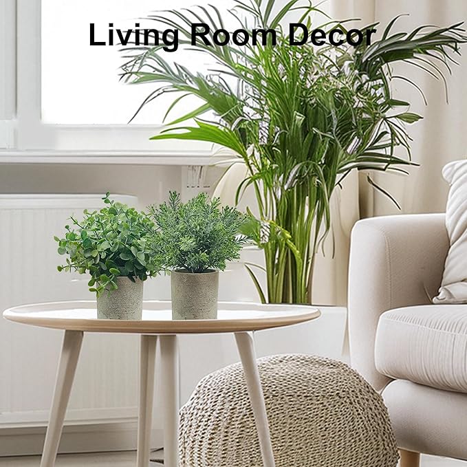 USLAI Small Potted Fake Plants(3-Pack), Mini Artificial Plastic Eucalyptus Faux Plants Topiaries for Home Office Shelf Desk Farmhouse Room Coffee Table Decor