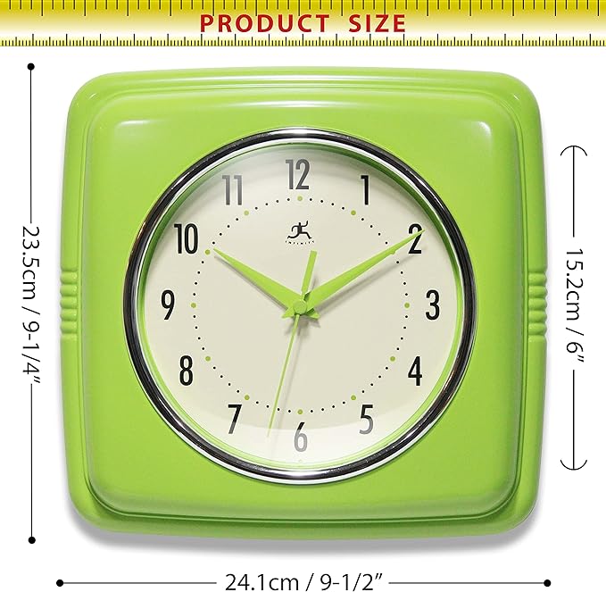 Infinity Instruments Retro Wall Clock – 9-Inch Square Silent Non-Ticking Mid-Century Modern Clock – Vintage Decorative Wall Clock for Kitchen, Office, or Diner – Apple Green