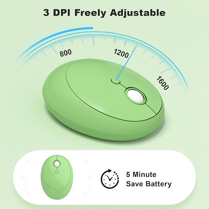 Wireless Keyboard and Mouse Combo, MOWUX - Modern Compact Layout, Colorful Compact Candy Mouse and Retro Round Keyboard Set with Cover, for PC/Laptop/Windows/Mac - Green Colorful