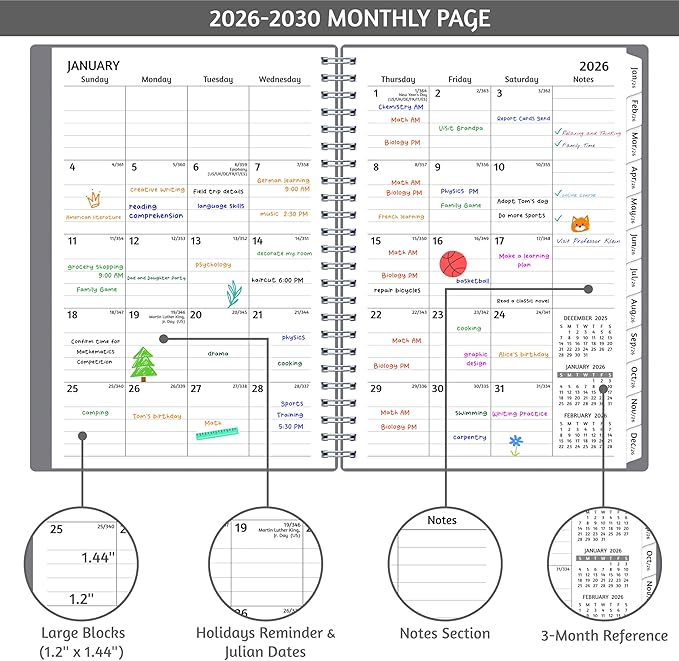 Monthly Planner 2026-2030, 5-Year Calendar Planner 2026-2030, Jan 2026 – Dec 2030, 6.2 x 8.4 In, Ruled Spread, Flexible Cover, Spiral Wirebound, Pocket, 60 Coated Monthly Tabs, Notes ＆ Habit Tracker