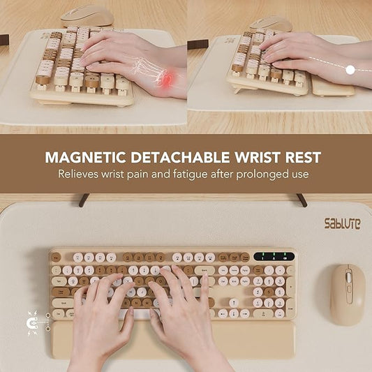 Wireless Keyboard and Mouse Combo, Round Keycaps, Full-Size Retro Typewriter Keyboard with Detachable Wrist Rest, Sleep Mode & Tilt Legs, 2.4GHz Cordless Connection for Mac/Windows/PC (Latte)