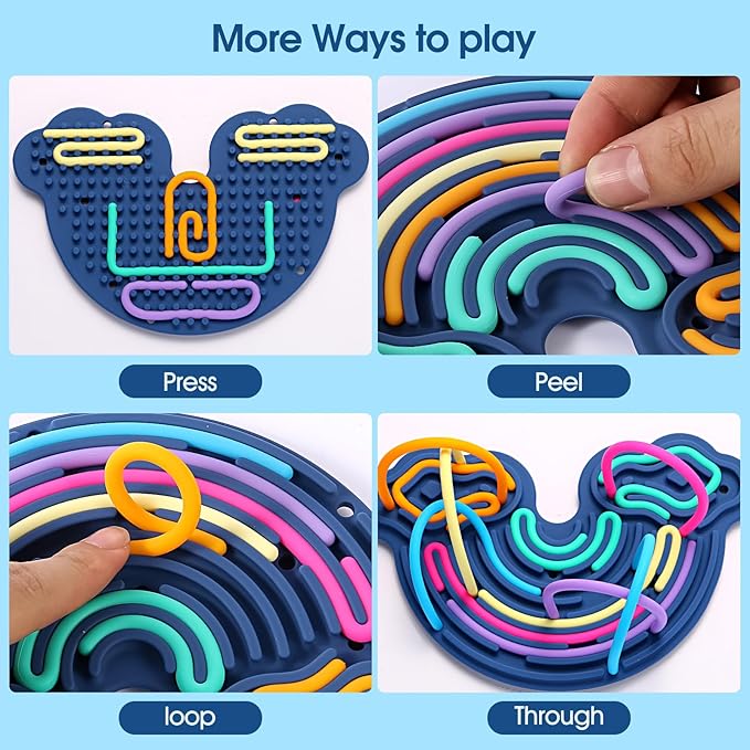 Sensory Activity Board Silicone Fidget Toy, Double-Sided Rainbow Sensory Toys for Autism, Stress, Anxiety, ADHD, Kids 3+& Adults, Includes Travel Bag & 12 Strings, Dark Blue