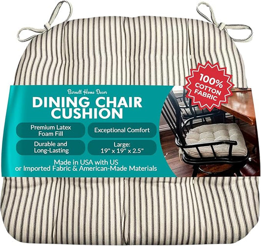 Barnett Home Decor Ticking Stripe Black Dining Chair Pad with Ties - 19" x 19" Size Large Chair Cushion - Latex Foam Fill - Machine Washable, Reversible, 100% Cotton, Made in USA