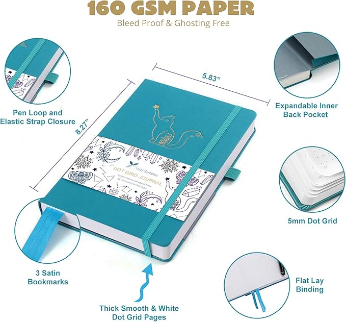 Dotted Journal – 160gsm Bleed Proof Thick White Paper – 200 Numbered Dot Grid Pages – 5.8 x 8.3 inch Dotted Notebook