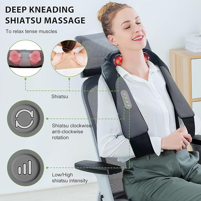 Snailax Cordless Neck Back Massager with Heat - Shiatsu Kneading Back Shoulder Massager Deep Tissue, Portable Massagers for Lumbar, Foot Electric Massage Pillow, Gifts for Men/Women