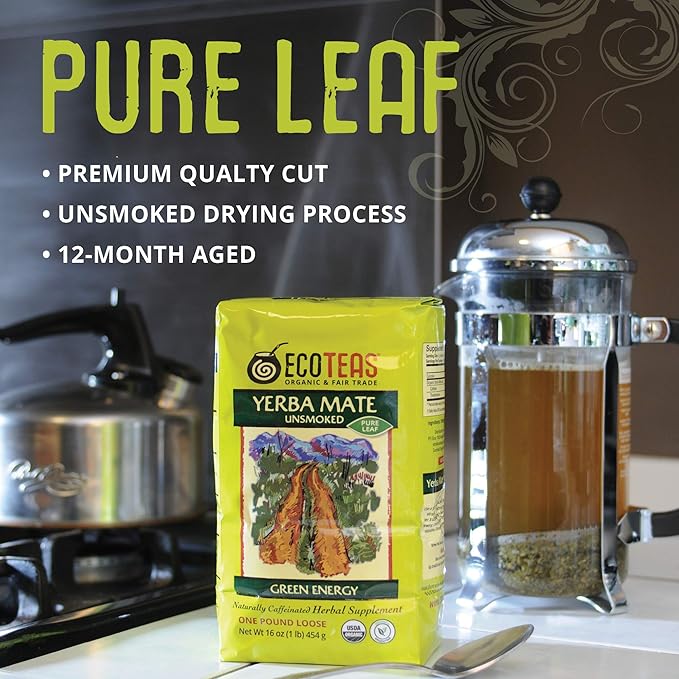 ECOTEAS Organic Yerba Mate Loose Leaf Tea – Natural Energy & Detox Herbal Tea – Coffee Alternative - Kosher, Non-GMO, Gluten-Free - Unsmoked Pure Leaf from Argentina, 1 lb (Pack of 1)