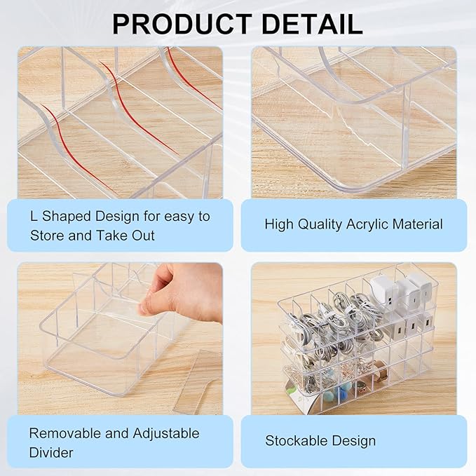 Tatuo 8 Pcs Cable Organizer with 80 Wire Ties, Plastic Cord Storage Charger Box Electronics Organizer with Adjustment Compartments Cable Storage for Drawer Home Office Desk Accessories (Clear)